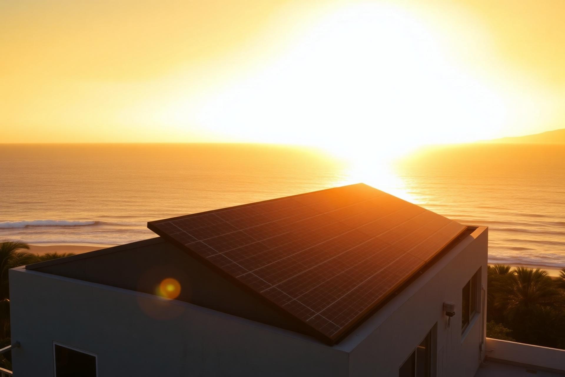 Painéis solares ao pôr do sol no litoral catarinense